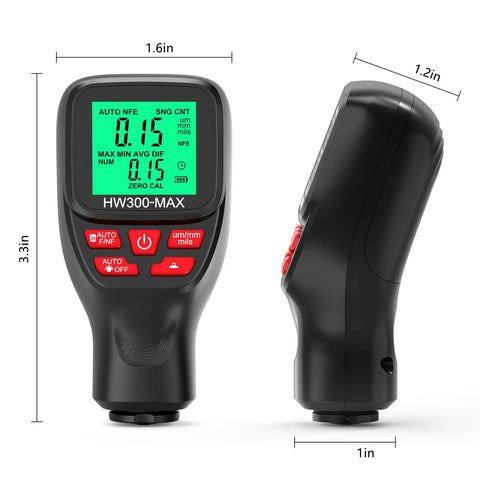 All Around Paint Thickness Gauge 0-2000um With LCD Readout Auto Substrate Detection 3 Probe Modes 3 Unit Switching Works On Steel Metal Plastic Glass PVC Battery Indicator Auto Shutoff Pro Grade handheld gauge front and side view