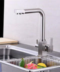 Brushed el Kitchen Faucet with 360° SwivelDual Handle Drinking Water Filter TapDeck Mounted Sink Mixer3-Way Design for Home & Kitchen Use - Ausious Clouds LWX above silver sink with fresh produce.