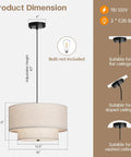 Killer 18 Inch Double Drum Pendant Light Featuring Dual Beige Linen Shades For Major Home Glow Up And Pro Level Ceiling Vibe In Your Dining Room Or Living Space dimensions and suitability for various ceiling types.