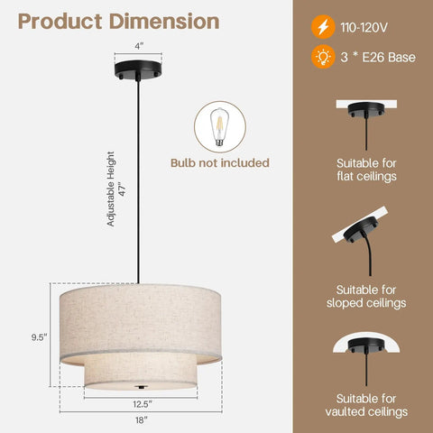 Killer 18 Inch Double Drum Pendant Light Featuring Dual Beige Linen Shades For Major Home Glow Up And Pro Level Ceiling Vibe In Your Dining Room Or Living Space dimensions and suitability for various ceiling types.