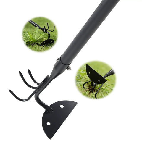 Heavy Duty 52 Inch 2 In 1 Hoe And Cultivator Rake For Weeding And Soil Loosening Long Handle Stand Up Garden Tool angled view