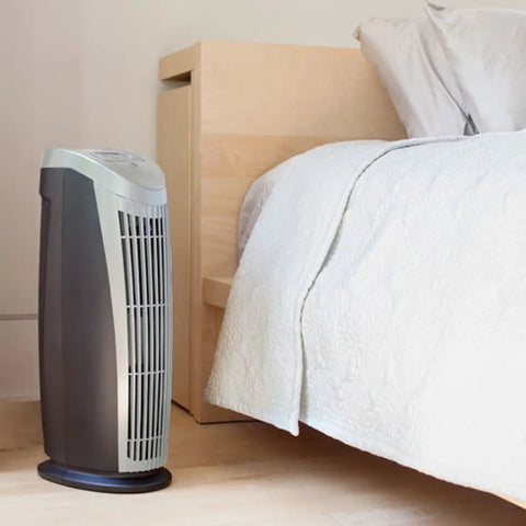 Bedroom setup with T500 Tower Air Purifier using Replacement Air Filter For T500 Tower Air Purifier, True HEPA Filter That Captures 99.99 Percent Of Particles Down To 0.1 Micron, Zaps Mold Bacteria Odors Allergens Pollen Dust Dander And Pet Fur For Cleaner Air.