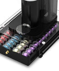 Glass Drawer Holder For Nespresso VertuoLine Pods Fits 40 Large Or 52 Small Vertuo Capsules Universal MDF Wood Kitchen Organizer Must Have Space Saving Coffee Pod Storage Drawer Solution NP03BL showing organized colorful capsules under a coffee machine.