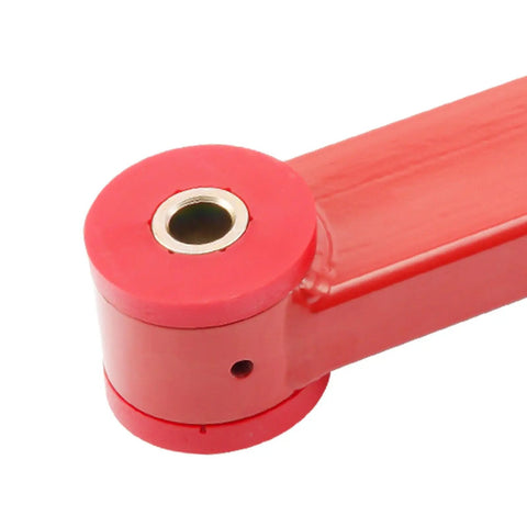 Non Adjustable Rear Upper And Lower Control Arms With Adjustable Panhard Bar Performance Kit For 2005 2014 Ford Mustang 2 Door Coupe Red close-up steel bushing end