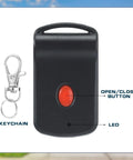 Close-up of black garage door opener remote with open/close button and keychain attachment, part of Six Pack Garage Door Opener Remotes