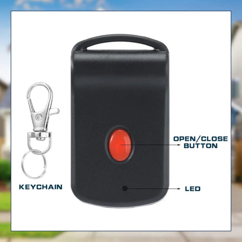 Close-up of black garage door opener remote with open/close button and keychain attachment, part of Six Pack Garage Door Opener Remotes