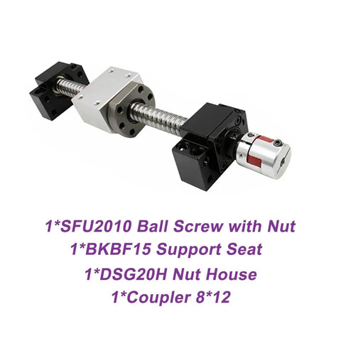 Professional Grade Rock Solid C7 Twenty Millimeter Ballscrew Kit With Lead Nut Bkbf15 End Blocks Dsg20h Shaft Collars And Heavy Duty Flex Couplers Set in silver and black.