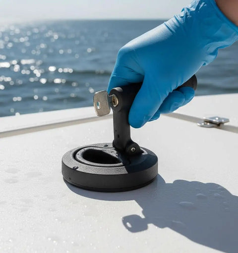 Person installing 2-Inch Black UV Stabilized Flush Mount Slam Latch With Recessed Handle Ring for boat hatches, close-up view