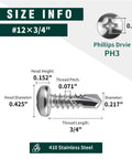 Rock Solid Size Twelve X Three Quarter Pan Head Self Drilling Screws Cut From Heavy Duty Stainless Steel With Phillips Drive Great For Sheet Metal Fencing And Truck Trailer Repairs Pack Of Fifty size info and dimensions