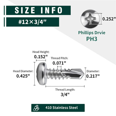 Rock Solid Size Twelve X Three Quarter Pan Head Self Drilling Screws Cut From Heavy Duty Stainless Steel With Phillips Drive Great For Sheet Metal Fencing And Truck Trailer Repairs Pack Of Fifty size info and dimensions