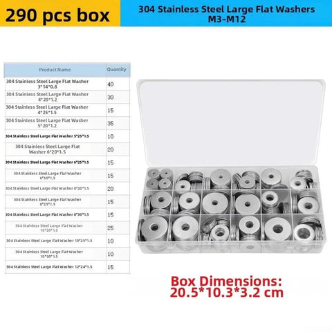 304 Stainless Steel Flat Washer Kit 290 Pc Assorted Set 15 Sizes From M3 To M8 Rustproof For Indoor Outdoor Projects General Fastening And Assembly For Home And Workshop, open box with sorted washers