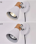 Wooden Plug In Wall Sconce Set Of 2 Matte White Chic Rotatable 360 Degree Wall Lamps With On Off Cord Switch showing on and off modes