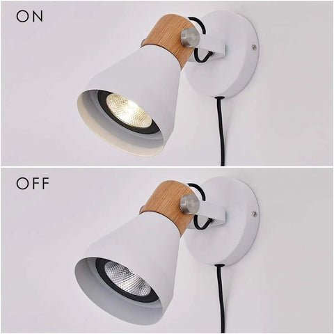 Wooden Plug In Wall Sconce Set Of 2 Matte White Chic Rotatable 360 Degree Wall Lamps With On Off Cord Switch showing on and off modes