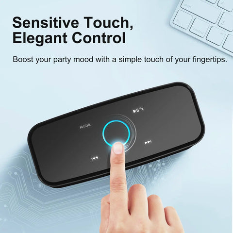 Finger using capacitive touch controls on 12W Bluetooth Speaker With Rich Bass And Crystal Clear Sound, IPX5 Waterproof, 20 Hour Playtime