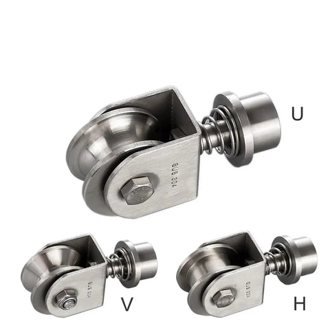 Built Tough 304 Stainless Steel Sliding Gate Caster Wheel Featuring Spring Shock Absorption Universal Rotating V Groove Pulley.