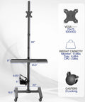 Built Tough Mobile Computer Cart With Smooth Glide Wheels And Adjustable Monitor Stand Engineered For Big Screens Up To Thirty Two Inches, showing dimensions and VESA mount.