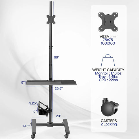 Built Tough Mobile Computer Cart With Smooth Glide Wheels And Adjustable Monitor Stand Engineered For Big Screens Up To Thirty Two Inches, showing dimensions and VESA mount.