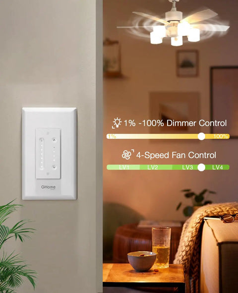 Smart Ceiling Fan Dimmer Switch With 4 Speed Fan Control And Light Dimmer Alexa And Google Assistant Compatible 2.4Ghz Only Single Pole UL Certified 3 Pack installed on living room wall with fan and dimmer graphic overlay.