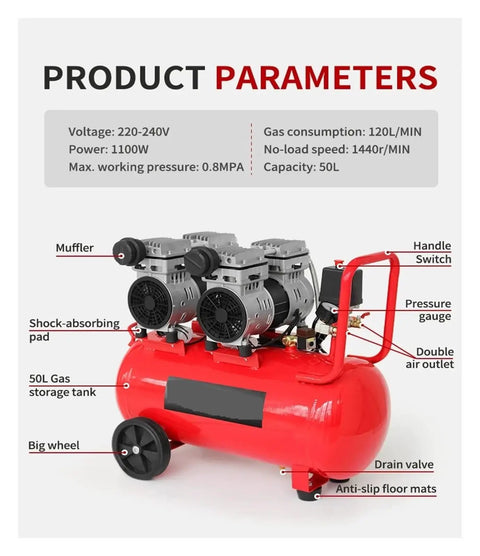 Top Tier PA5564 Silent Air Compressor With 50L Tank Mute Oil Free Electric Piston Industrial Grade No Noise Performance Perfect For Heavy Duty Tasks And Workshop Projects Reliable Power Delivery