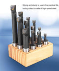12-piece F1-type 5/8 in boring cutter set in a wooden holder; black high-speed steel cutters with silver shanks.