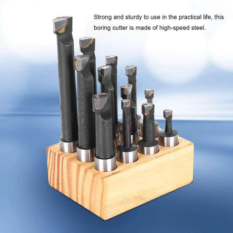 12-piece F1-type 5/8 in boring cutter set in a wooden holder; black high-speed steel cutters with silver shanks.