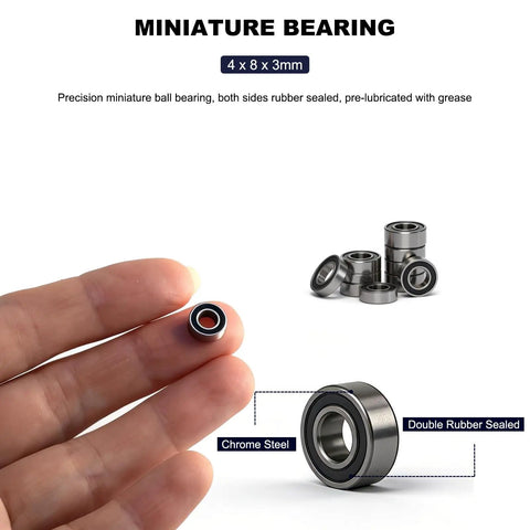 Compact 4mm Inner Diameter 8mm Outer Diameter 3mm Bore Deep Groove Ball Bearings with Double Rubber Sealed Shields, Chrome Steel
