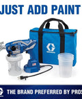 Professional Corded Airless Paint Sprayer With Triax Triple Piston Pump and Smart Control Dial, blue sprayer and paint container.