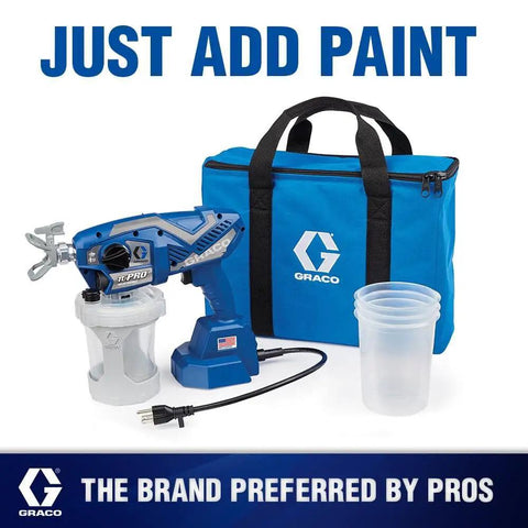 Professional Corded Airless Paint Sprayer With Triax Triple Piston Pump and Smart Control Dial, blue sprayer and paint container.
