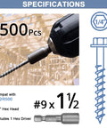Heavy Duty Joist Hanger Screws Number 9 X 1-1/2 In With 1/4 In Hex Head And 0.37 In Washer Prem Galvanized Corrosion Resistant