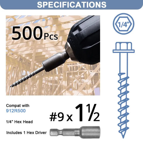 Heavy Duty Joist Hanger Screws Number 9 X 1-1/2 In With 1/4 In Hex Head And 0.37 In Washer Prem Galvanized Corrosion Resistant