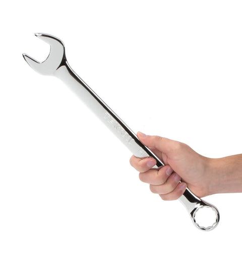 One And Three Sixteenths Inch Combination Wrench With Fifteen Degree Angled Open End For Fast Flips In Tight Spaces held in hand