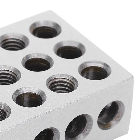 Close-up of Pro Grade 1 2 3 Block Set With 23 Holes For Ultra Precision Machining Finishing Clamping And Fixturing Heavy Duty Tool Steel Construction