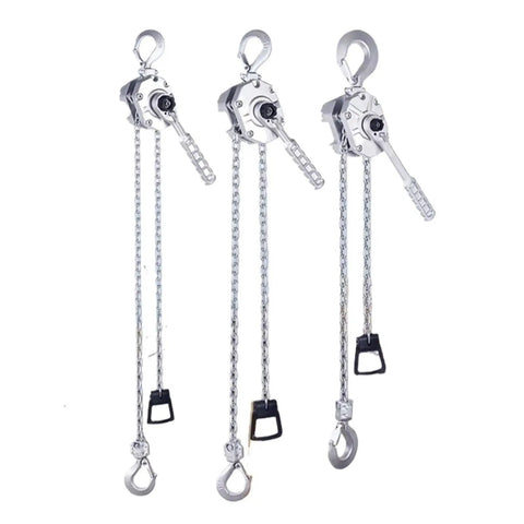 One Ton Aluminum Lever Hoist With Portable Chain Lifting Tackle Made For Light Job Site Work Featuring Rugged Alloy Build
