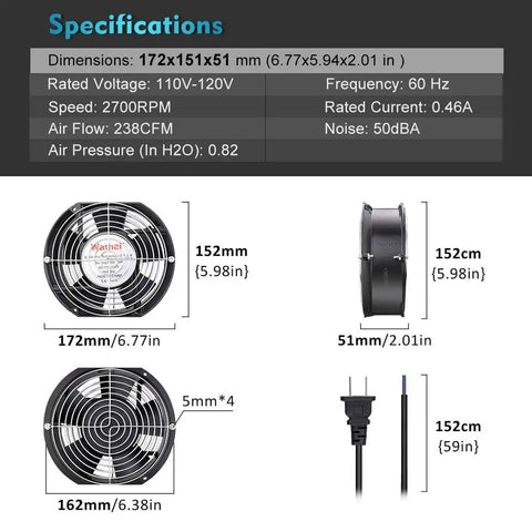 Specifications of 110V 120V Axial Cooling Fan With Beefy Airflow And High Speed Dual Ball Bearings 172mm x 150mm x 51mm