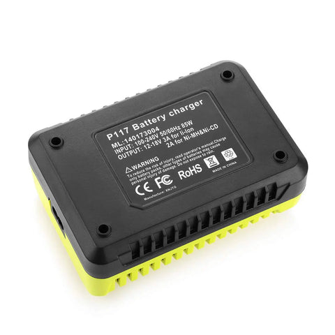 Back view of 18V Ryobi Replacement Charger For P100 P102 P103 P105 P107 P108 P117 P118 And 18V MAX One Plus Batteries
