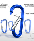 Heavy Duty Aluminum Carabiners Set of 4 Blue 4 Inch D Ring Clips With Spring Snap Hooks For Camping Hiking Keychains Dog Leashes Hammocks And Outdoor Gear Tough As Nails Durable Rock Climbing Clips showing design features and dimensions.