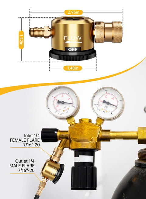 HVAC Nitrogen Purge Tool And Regulator Kit For Air Conditioning Maintenance Pro Grade High Pressure Nitrogen Regulator Tool Durable Yellow Finish Easy To Use For Precise Purging And Tuning with dimensions and connectors.
