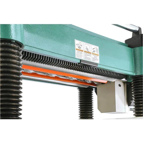 Heavy Duty 20 Inch Thickness Planer With A Beefy 5 Horsepower Motor And Swappable Spiral Carbide Cutterheads Rock Solid Cast Iron Construction Precision Ground Tables And Wings Includes Reliable Board Return Rollers
