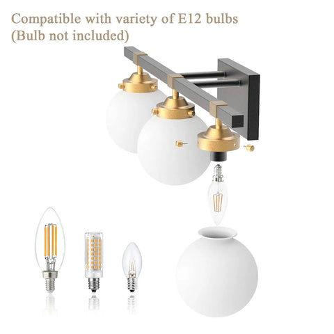Mid Century Modern Bathroom Vanity Light Fixture Set With Three Lights Milky White Glass Shades Black And Gold Finish