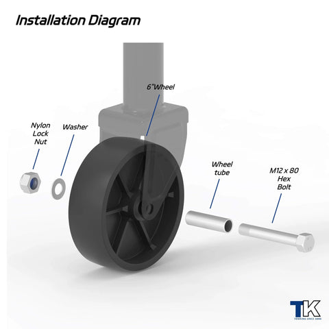 Installation diagram of 6 Inch Boat Trailer Jack Wheel Replacement, 1200 Lbs Load Capacity, showing parts and assembly components.