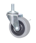 Heavy Duty Swivel Caster Wheels With Threaded Stem And Side Brake Locking Beefy Build For Furniture And Workbench Carts Delivers Dead Silent Action And No Sweat Rolling Performance. Close-up of a gray TPR caster wheel with threaded stem.