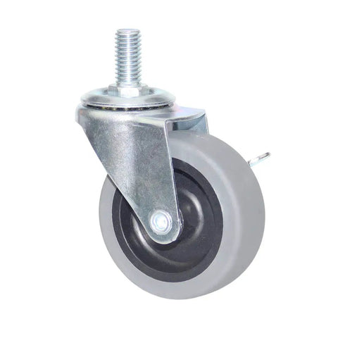 Heavy Duty Swivel Caster Wheels With Threaded Stem And Side Brake Locking Beefy Build For Furniture And Workbench Carts Delivers Dead Silent Action And No Sweat Rolling Performance. Close-up of a gray TPR caster wheel with threaded stem.
