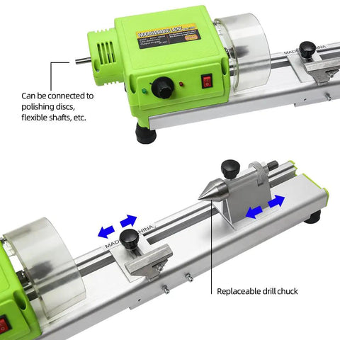 Dope Compact Benchtop Wood Lathe With Variable Speed For DIY Makers All In One Woodworking Tool Kit with green motor housing and silver bed.