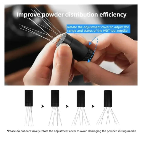 Level Up Your Daily Grind With This Adjustable Wdt Espresso Coffee Stirrer Featuring Rotating Needle Spread Magnetic Holder And Six Spare Tips For Flawless Shots No Cap, showing the adjustable needle mechanism.