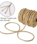 5mm Jute Rope 100 Feet 4-Ply Twisted Beefy Heavy Duty Thick Twine, spool with detailed view of 4 twisted strands for strength