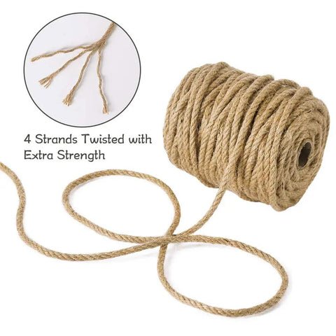 5mm Jute Rope 100 Feet 4-Ply Twisted Beefy Heavy Duty Thick Twine, spool with detailed view of 4 twisted strands for strength