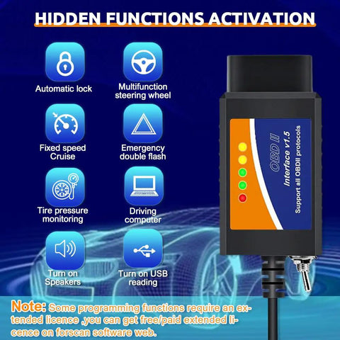 FORScan Ready OBD2 USB Adapter With MS HS CAN Switch, interface v1.5 visible next to activation features list.
