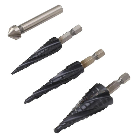Heavy Duty Step Drill Bits With 4 Spiral Flutes Made From M35 Cobalt for Smoother Drilling In Metal Wood And Plastic With Quick Size Removal For Stainless Steel And Aluminum Jobs, 4-piece set