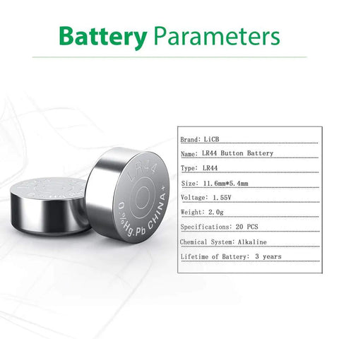 Top Shelf 40 Pack LR44 AG13 357 SR44 Button Cell Batteries Long Lasting Coin Power for Gadgets and Calipers with parameters.