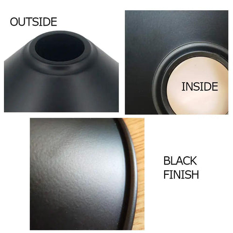 Close-up of black metal cone shade showing outside texture, inside view, and black finish for 4 Pack 11.8 Inch Industrial Vintage Metal Bulb Guard Pendant Light Holder With Cone Shade Hanging Ceiling Lamp Rustic Farmhouse Style E26 E27 Socket Ready Decorative Ring Not Included.